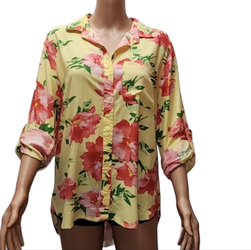 Velvet Heart Yellow Floral Roll-up Sleeve Blouse Shirt 100%‎ Rayon Size M